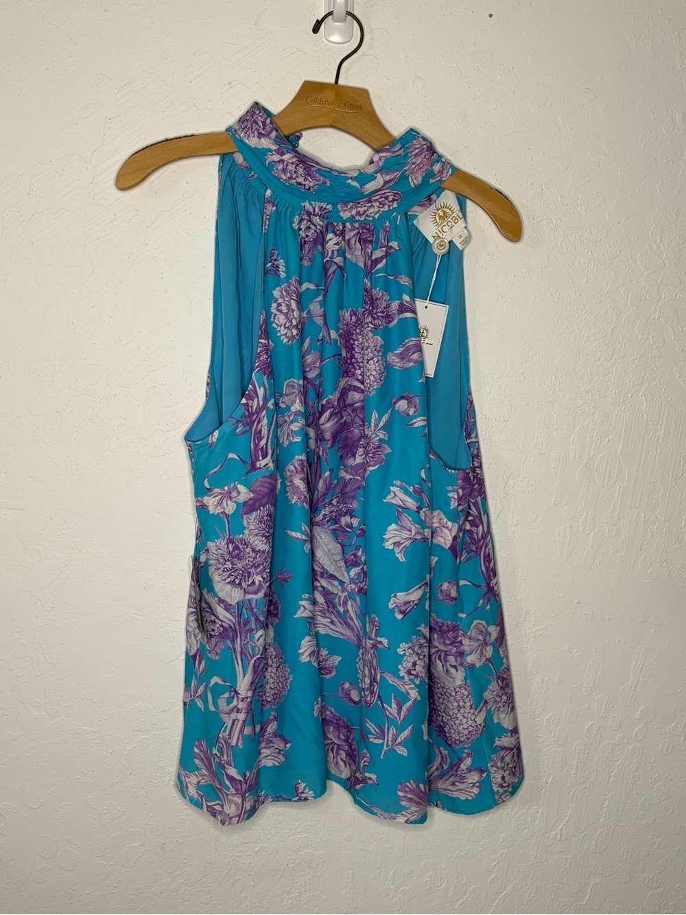 NicoBlu Alexis Halter Top 1X NWT Turquoise Purple Floral Toile Viscose Blouse